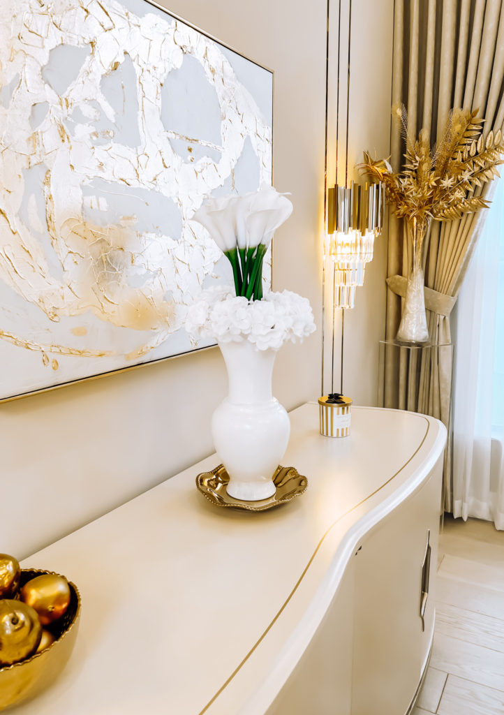 formal white floral arrangement with Calla lilies and hydrangea