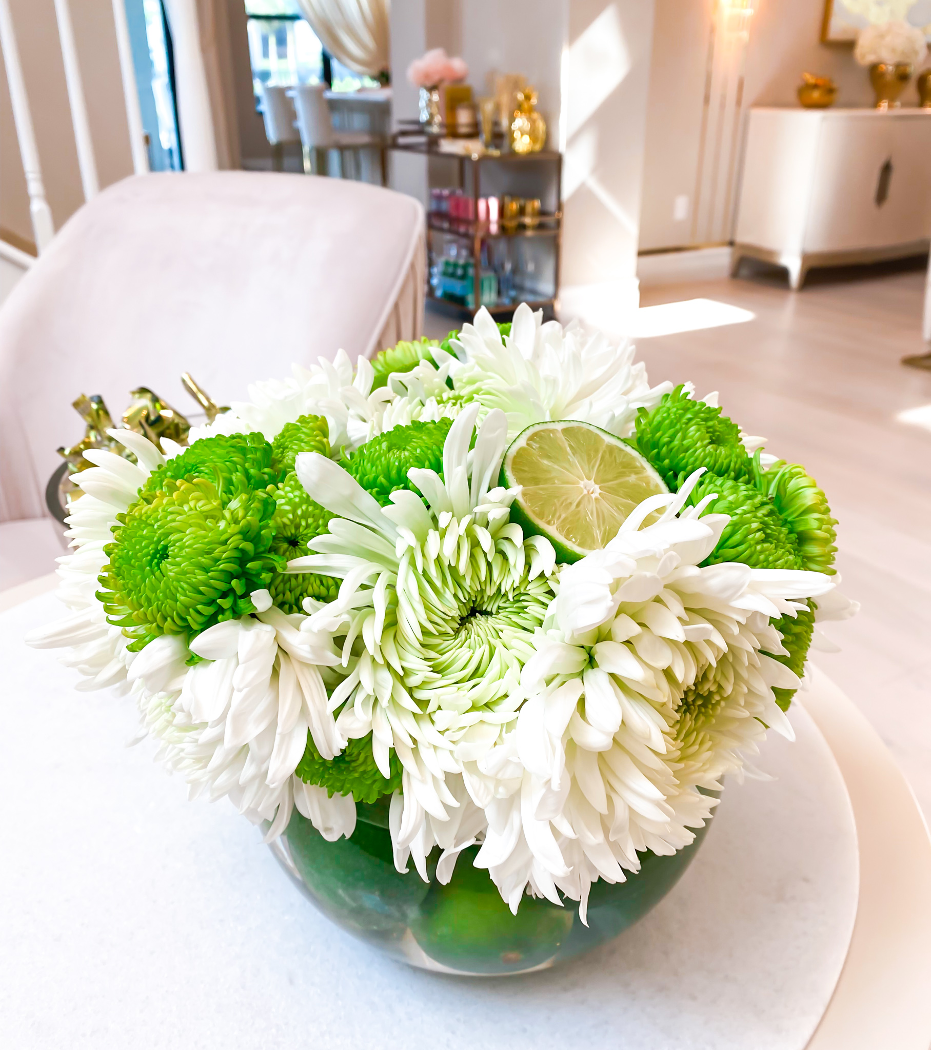 CREATE A WHITE AND GREEN FLORAL ARRANGEMENT WITH FLOWERS AND FRUIT