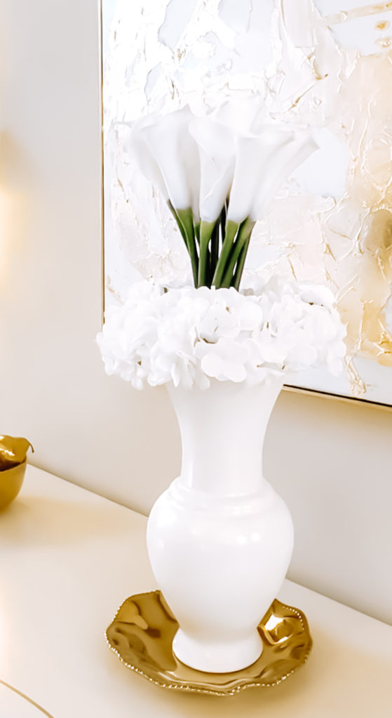 formal white floral arrangement with Calla lilies and hydrangea