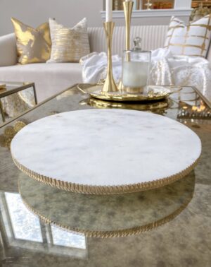 White Marble Round Lazy Susan w/ Gold Textured Edge