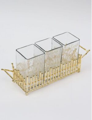 Gold & Glass Utensil Holder with Gold Linear Details