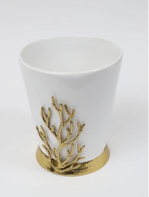 White Ceramic Utensil Holder with Gold Textured Details & Base