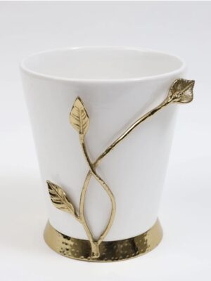 White Ceramic Utensil Holder with Gold Leaf Details & Base