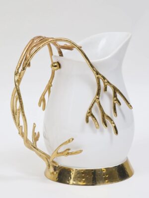 White Ceramic Pitcher with Gold Textured Design Handle & Base