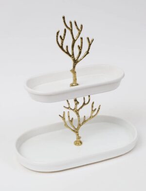 Imperfect White Ceramic Two Tier Cake Stand with Gold Textured Details