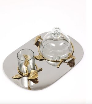 Silver Metal Oval Tray with Gold Leaf Details and a Glass Mug & Dome
