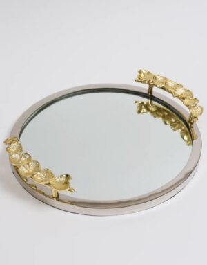 Large Round Decorative Mirror Tray with Gold Petal Handle Details