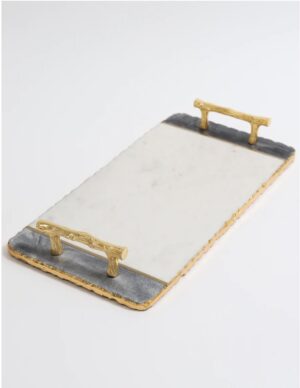White & Black Rectangle Tray with Gold Handles & Edges