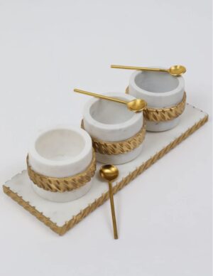 White Marble Condiment Tray with 3 Bowls & Golden Spoons