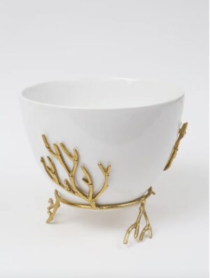 White Ceramic Bowl with Gold Textured Details