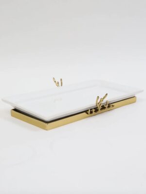 White Ceramic Tray with Gold Textured Design & Base