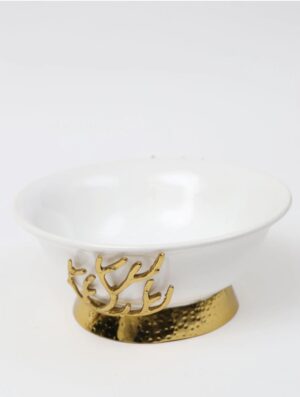White Ceramic Bowl with Gold Textured Details & Gold Base