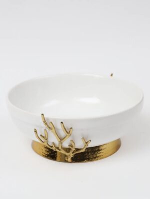 White Ceramic Bowl with Gold Textured Details on Gold Base