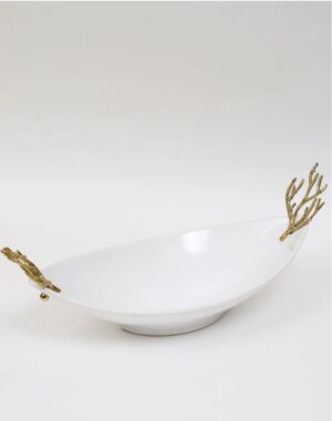 Oblong White Ceramic Bowl with Gold Textured Details