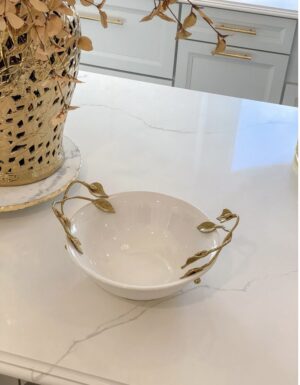 White Ceramic Bowl with Gold Vine & Leaf Handles