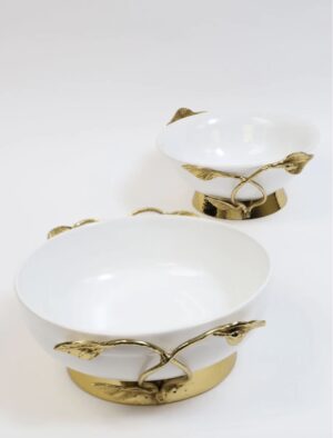 White Ceramic Bowl with Gold Leaf Details and Base