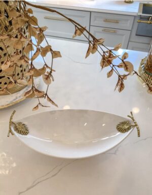 Oblong White Ceramic Bowl with Gold Leaf Details