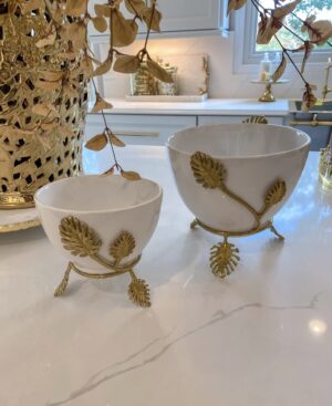 White Ceramic Bowl with Gold Leaf Details