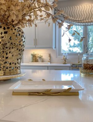 White Ceramic Tray with Gold Base and Leaf Detail