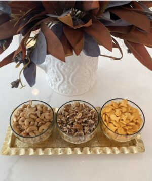 Gold Ripple Edge Serving Tray with 3 Glass Bowls