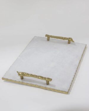 White Marble Tray with Gold Textured Handles and Edge