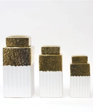 White Hammered Jar with Gold Border & Lid