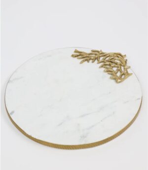 Round Marble Tray with Gold Edge and Metal Details