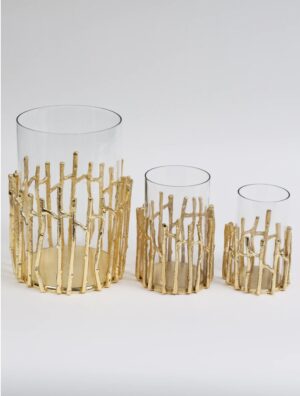 Glass Hurricane/Faux Floral Vase with Gold Twig Design