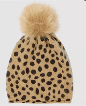 Animal Print Faux Fur Pom Pom Cashmere Hat