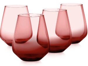 Stemless Wine Glasses – Set of 4 Gradient Red Colored Wine Glasses – 14.3oz