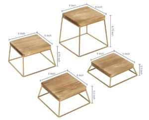 Wood & Gold Metal Wire Square Retail Food Display Risers/Pizza Stands, Set of 4