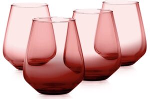 Rakle Stemless Wine Glasses – Set of 4 Gradient Red Colored Wine Glasses – 14.3oz