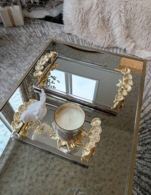 Rectangular Mirror Tray with Silver Border and Gold Leaf Design – SMALL