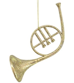 Noel Glittered Horn Ornament, 9″