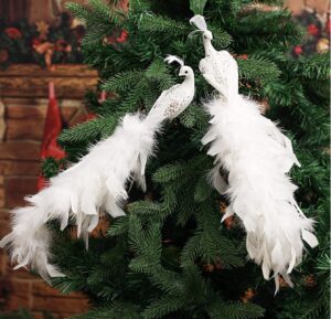 2 Pieces Long Tail Feather Phoenix Clip Ornament Christmas White Peacock