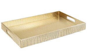 18”x12” Rectangle Alligator Faux Leather Decorative Serving Tray with Handles, Gold