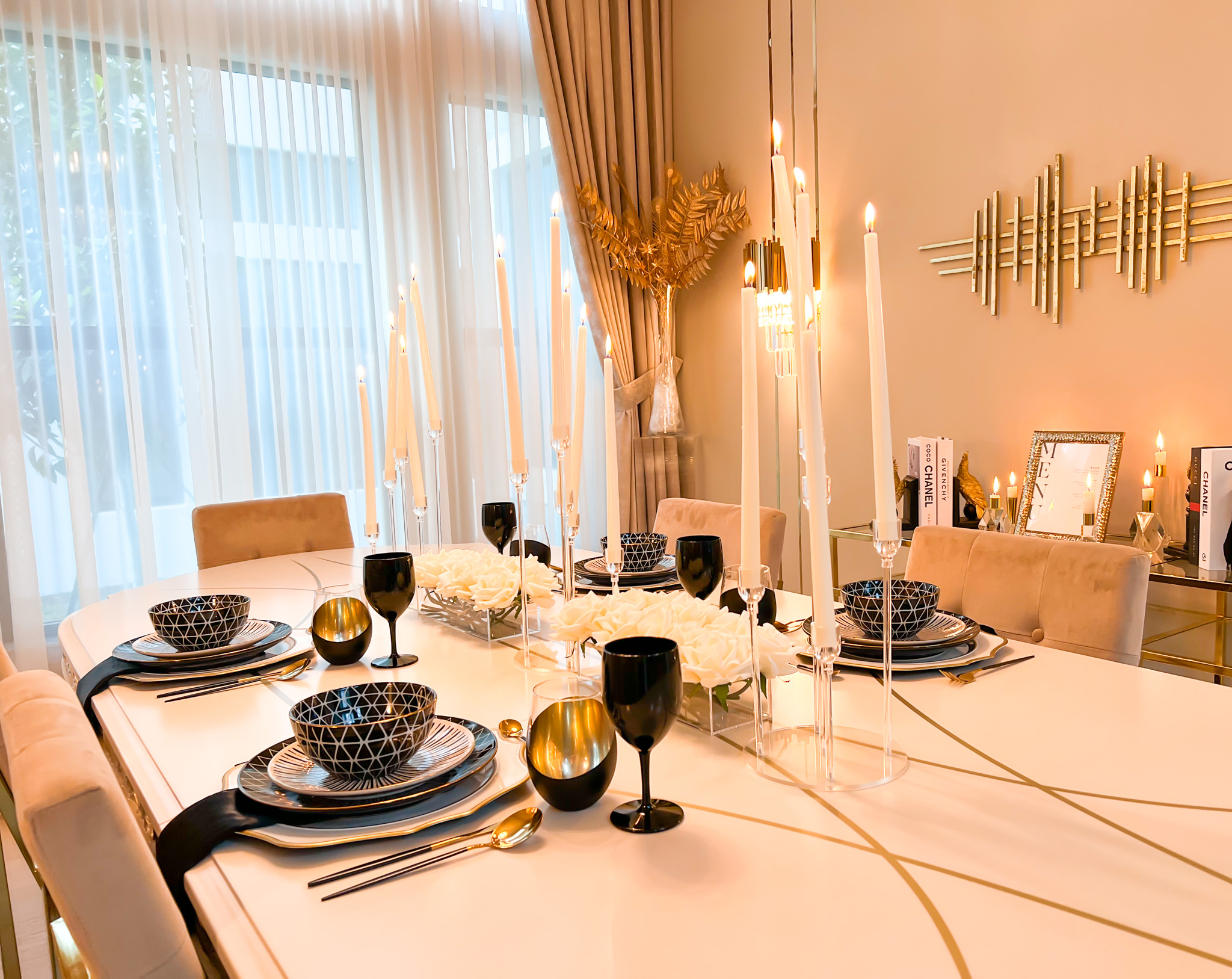 A CONTEMPORARY TABLESCAPE WITH THYME AND TABLE
