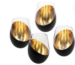 Matte Black & Gold Stemless Wine Glass Set of 4