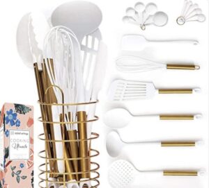 White and Gold Cooking Utensils with Holder – 18 PC